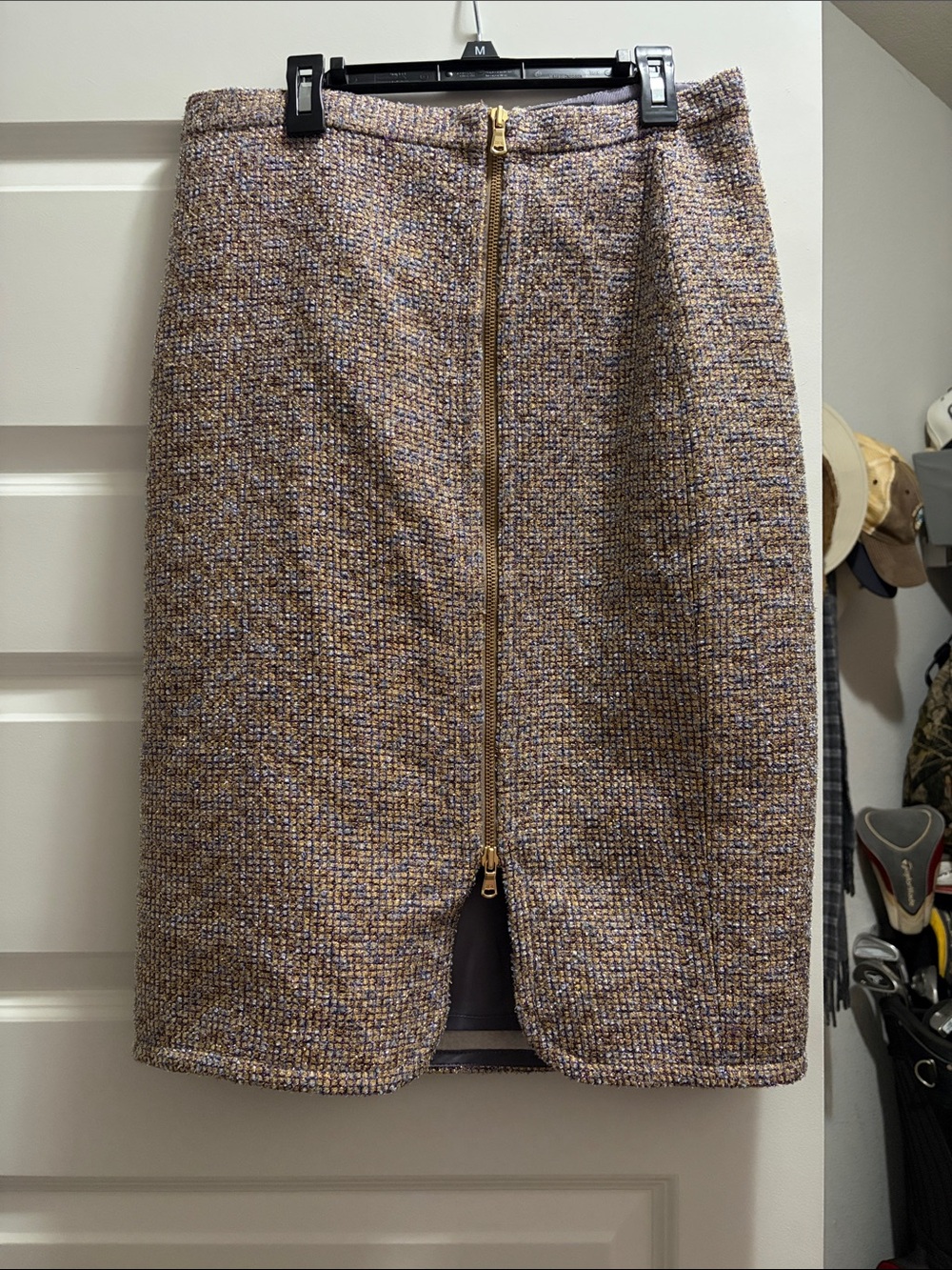 J. Crew Brown Multi Tweed Pencil Skirt with Front Gold Zip